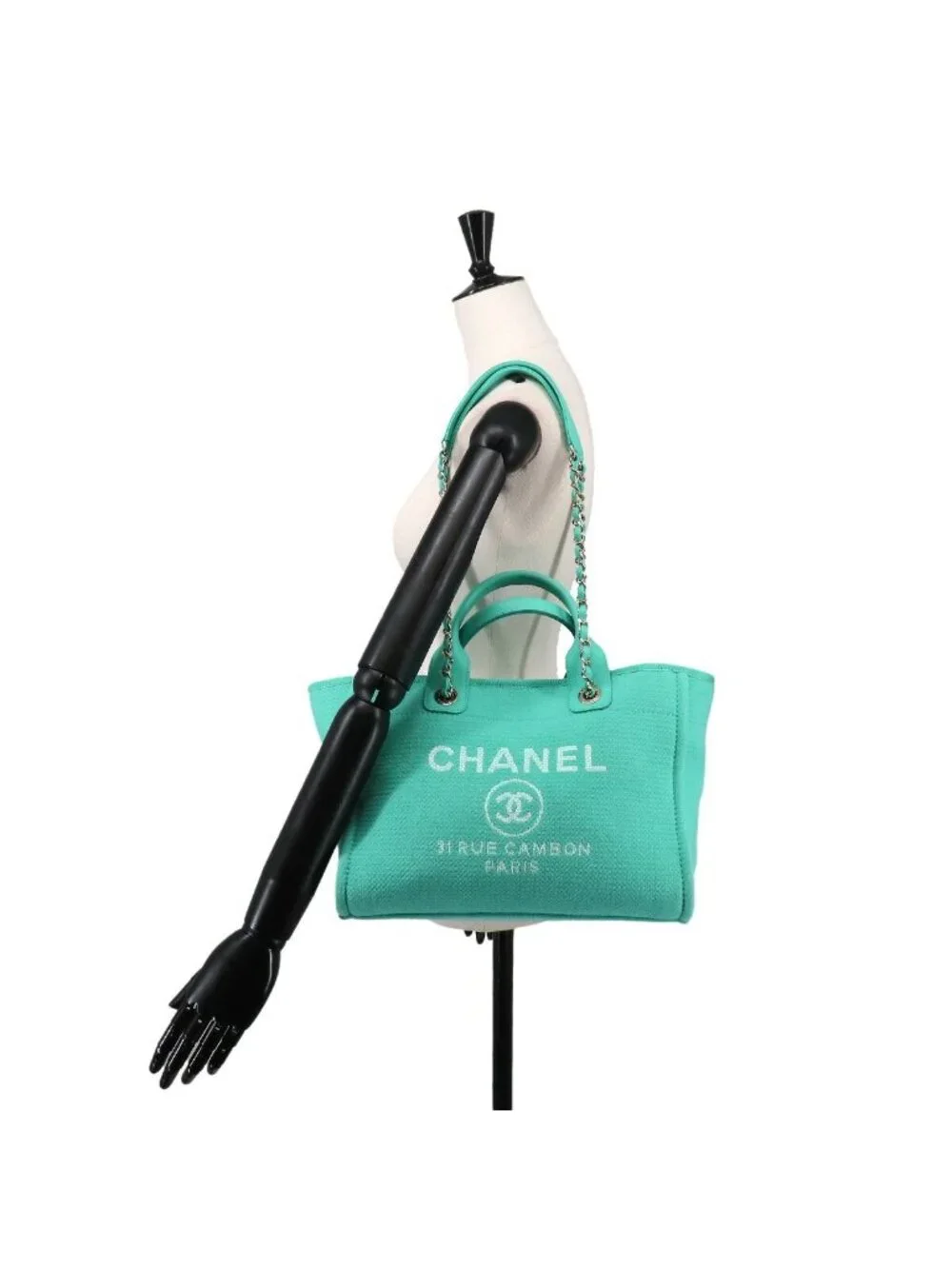 Chanel Deauville Small Shopping Tote Chain Shoulder Bag Canvas Leather